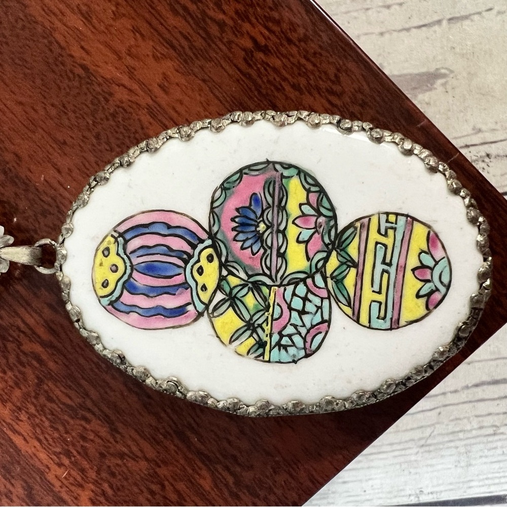 Vintage Blue Stone Necklace Oval Pottery Pendant hand-painted Ceramic Metal OOAK - Picture 4 of 16